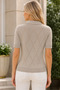Women's Short Sleeve Polo Collar Diamond Patterned Cotton Perforated Openwork Stylish Elegant Casual Beige Knitwear Blouse - 3