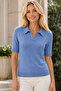 Women's Short Sleeve Polo Collar Diamond Patterned Cotton Perforated Openwork Stylish Elegant Casual Indigo Knitwear Blouse - 5