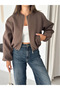 Women's Cashmere Oversize Zippered Crop Bomber Jacket - 4