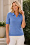 Women's Short Sleeve Polo Collar Diamond Patterned Cotton Perforated Openwork Stylish Elegant Casual Indigo Knitwear Blouse - 2