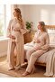 New Season Beige Double-Breasted Easy Breastfeeding Muslin Fabric Design Long Sleeve 100% Cotton Maternity Pajama Set - 2