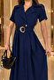 Navy Blue Short Sleeve Double Breasted Collar Button Detail Belted Slit Crepe Fabric Dress