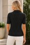 Women's Short Sleeve Polo Collar Diamond Patterned Cotton Perforated Openwork Stylish Elegant Casual Black Knitwear Blouse - 3