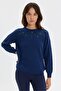 Women's Crew Neck Side Ribbed Knit Wool Sweater Indigo