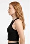 Women's Black Camisole Halter Neck Wide Strap Ribbed Crop Top Tank Top - 2