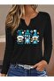 New Year Printed Cotton Half V-Neck Long Sleeve Blouse T-Shirt