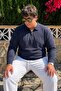 Men's Thick Premium Large Size Navy Blue Zippered Sweatshirt - 4