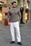 Light Brown Buttoned Polo Collar Patterned over Fit Men's Knitwear Sweater E7520 - 5