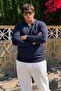 Men's Thick Premium Large Size Navy Blue Zippered Sweatshirt - 3