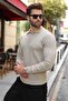 Stone Color Buttoned Polo Collar Patterned over Fit Men's Knitwear Sweater E7520
