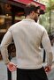 Stone Color Buttoned Polo Collar Patterned over Fit Men's Knitwear Sweater E7520 - 2