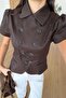Double Collar Button Detail Lining Short Sleeve Modal Jacket Blouse Brown - 4