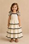 Girl's Ecru Black Ribbed Shoulder Tie Layered Ruffle Long Dress - 5
