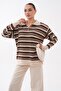 Women's Stripe Patterned Polo Collar Knitted Sweater 265303 - - 3