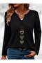 Heart Printed Cotton Half V-Neck Long Sleeve Blouse T-Shirt