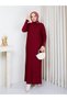 Pleated Sleeves Buttoned Knitwear Dress Burgundy - 2