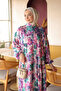 Pink Half Buttoned Sleeves Elastic Skirt Layered Viscose Dress - 3