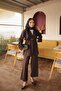 Brown Waist Ruffled Elastic Double Buttoned Jacket and Trousers Set