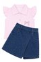 Girl's Pink Stone-Embellished Bow Shirt and Stone-Embellished Denim Shorts with Skirt 2-Piece Set - 2