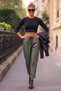 Italian Khaki Pocketed, Side Striped, Elastic Waist, Narrow Leg, Faux Leather Woven Trousers 95 55 - 5