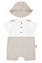 Baby Boy Ecru Beige Striped Muslin Jumpsuit with Pockets and Hat - 2