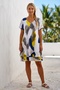 Italian Yellow-Blue-White V-Neck Short Sleeve Patterned Lined Layered Linen Look Woven Dress 98 65 - 4