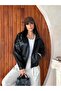 Women's Stand Collar Zippered Leather Jacket with Rubber Detail - 2