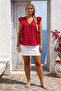 Italian Red V-Neck Ruffled Sleeve Buttoned Front and Back Size Ruffled 100% Linen Woven Blouse 64 58 - 3