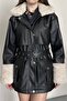 Women's Fur Detailed Belted Leather Coat - 6