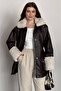 Women's Fur Detailed Belted Leather Coat - 2