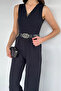 Black Women's V-Neck Jumpsuit with Gold Buckle Belt Accessory - 4