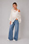 Women's Ecru Transparent Textured Asymmetrical One-Shoulder Knitwear Cape Poncho - 4