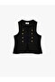 Pocket Detailed Napoleon Buttoned Viscose Blend Sleeveless Crew Neck Blouse