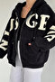 Black Women's Hooded Double Pocket Plush Jacket - 2