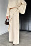 Beige Women's Elastic Waist Stone Embroidered Trousers with Scarf Accessory - 3