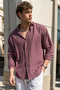 Men's Cherry Striped Long Sleeve Linen Look Oversize Shirt - 4