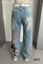 Unisex Sakura Flower and Knight Patterned Wide Leg Jeans - 5