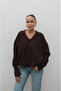 Women's Brown Cotton Soft Texture V-Neck Oversize Knitwear Sweater - 2