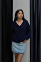 Women's Navy Blue Cotton Soft Texture V-Neck Oversize Knitwear Sweater - 3
