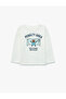 Long Sleeve Cotton Textured Crew Neck Teddy Bear Printed T-Shirt