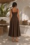 Bitter Brown Linen Square Collar A-Line Panel Detailed Midi Dress - 3