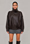 Women's Asymmetrical Closure High Collar Oversize Faux Leather Bomber Jacket - Brown - 3