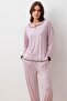 Long Sleeve Polka Dot Lace Trim Elastic Cuffs Lycra Viscose Pajama Set - 4
