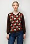 Women's V-Neck Diamond Pattern Wool Sweater Dark Brown