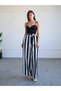 Women's Black Striped Elastic Waist Belted Wide Leg Long Woven Trousers - 2
