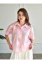 Women's Pink Short Sleeve Embroidered Shirt Lapel Button Woven Summer Shirt - 4