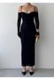 Women's Black Lace Midi Dress Strappy Off Shoulder Long Sleeve Draped - 2