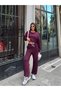Women's Burgundy Lace Detailed Top and Bottom Set with Elastic Waist