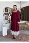 Women's Burgundy Midi Dress Square Neck Gathered Waist Lace Detailed Long Balloon Sleeves - 6