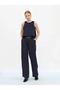 Women's Navy Blue Crew Neck Sleeveless Crashed Satin Textured Loose Blouse - 7